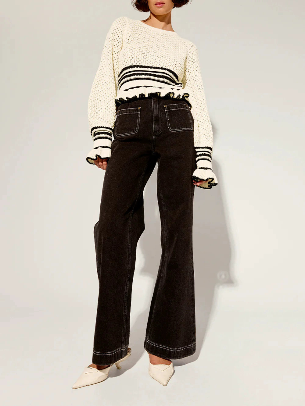 ZARA Ruffle Trim Contrast Color Knit Sweater - Picture 5 of 6